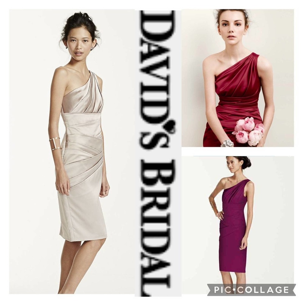 Davids Bridal Short One Shoulder Stretch Satin Dress